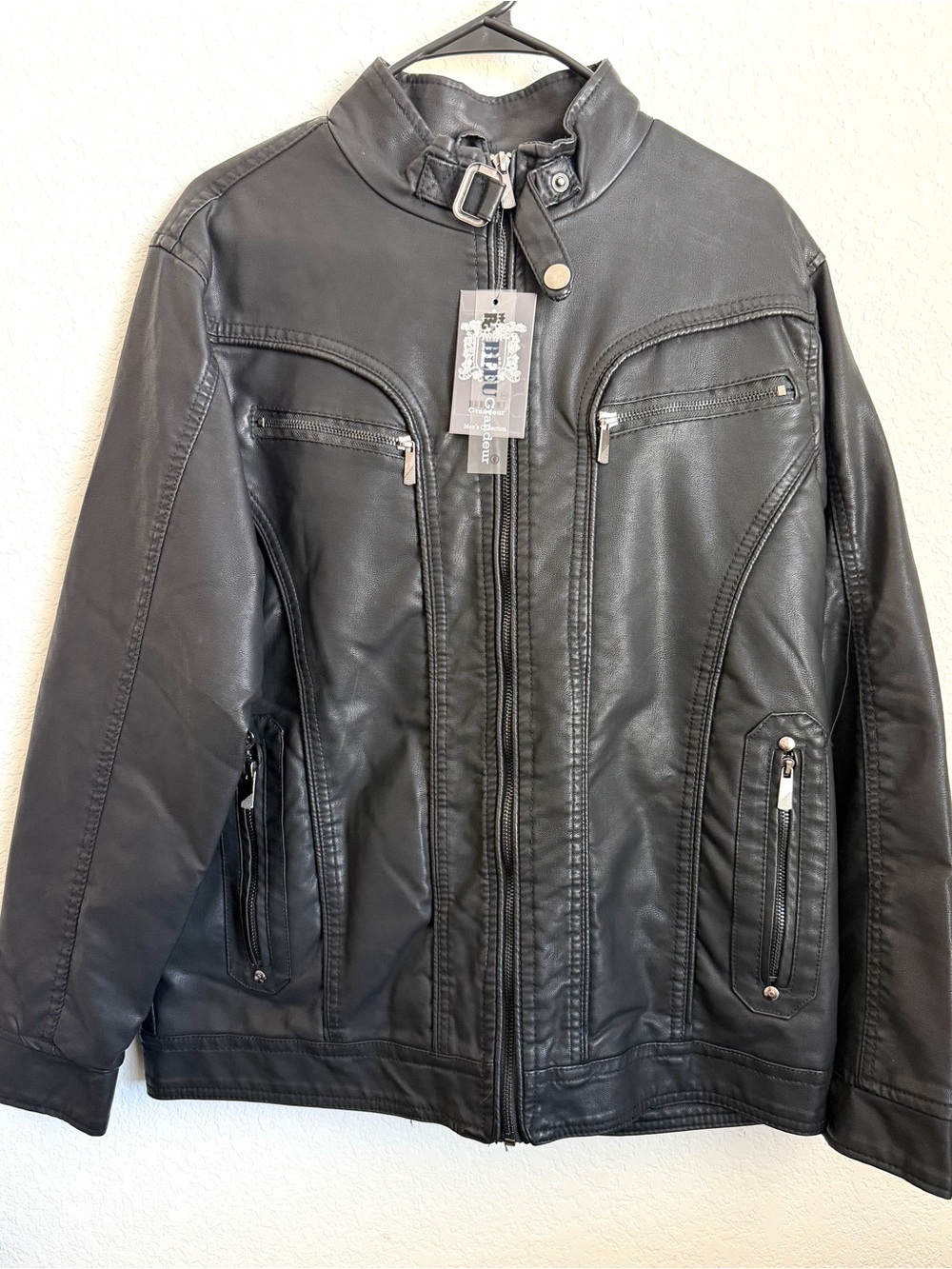 Classic Black Faux Leather Biker Jacket with Buckle Collar